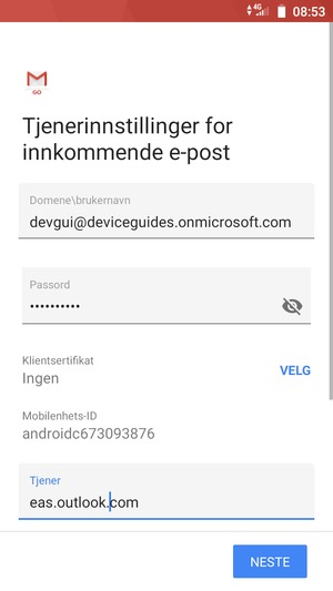 Skriv inn Brukernavn og Exchange serveradresse. Velg NESTE