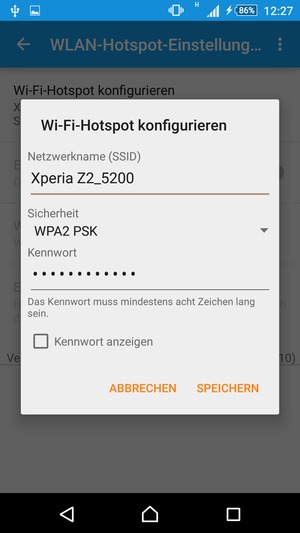 Geben Sie eine WLAN-Hotspot-Passwort mit mindestens 8 Zeichen ein und wählen Sie SPEICHERN
