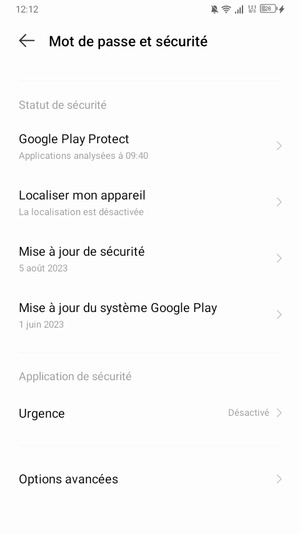 Pour modifier le code PIN de la carte SIM, allez dans le menu Mot de passe et sécurité et sélectionnez Options avancées