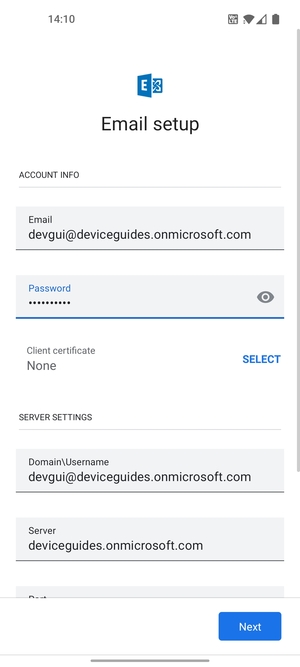 Enter Username and Exchange server address. Select Next