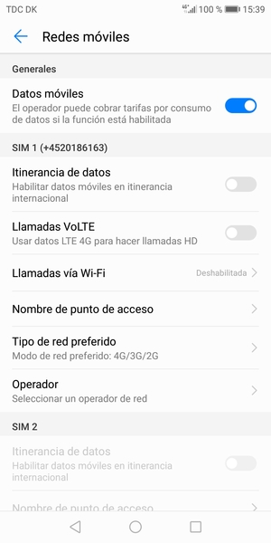 Desplácese a SIM 1 o SIM 2 y seleccione Nombre de punto de acceso