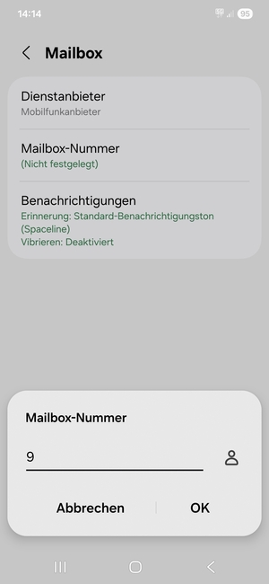Geben Sie die Mailbox-Nummer ein und wählen Sie OK