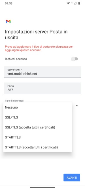 Seleziona Nessuno e AVANTI