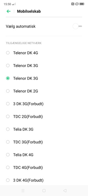 Vælg en netværksudbyder fra listen