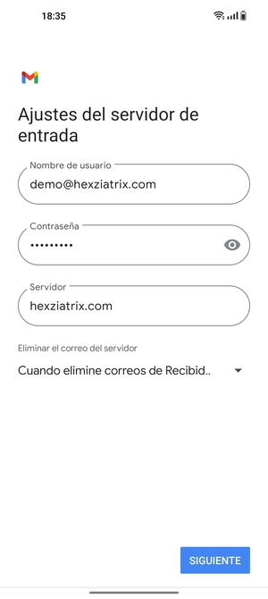 Introduzca Nombre de usuario y la dirección de servidor entrante. Seleccione SIGUIENTE