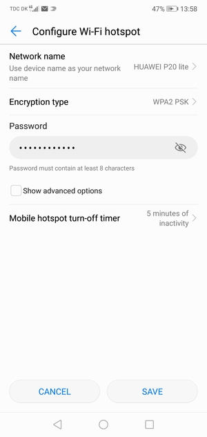 Enter a Wi-Fi hotspot password of at least 8 characters and select SAVE