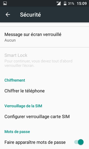 Pour modifier le code PIN de la carte SIM, retournez dans le menu Sécurité et sélectionnez Configurer verrouillage carte SIM