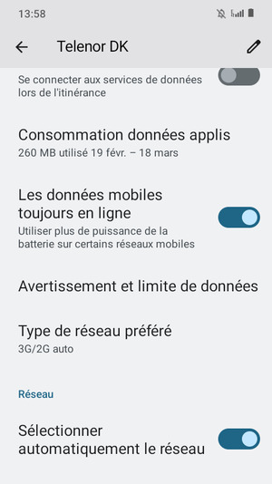 Pour changer de réseau en cas de problèmes de réseau, désactiver Sélectionner automatiquement le reseau