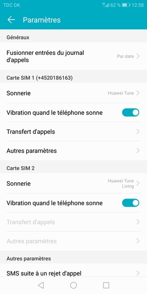 Faites défiler jusqu'à Carte SIM 1 ou Carte SIM 2 et sélectionnez Autres paramètres