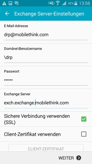Geben Sie Benutzername und Exchange Server-Adresse ein. Wählen Sie WEITER