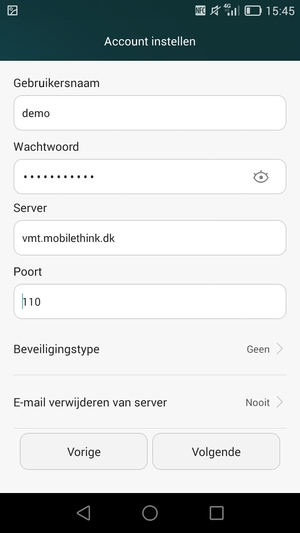 Voer Gebruikersnaam en binnenkomend serveradres in. Selecteer Volgende