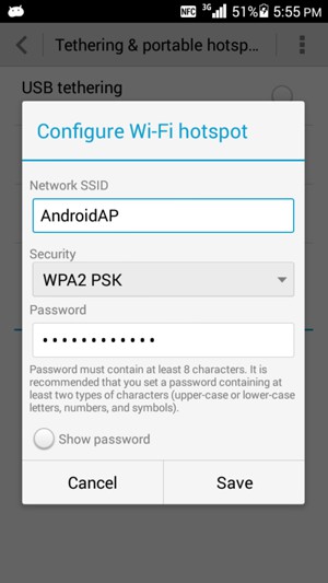 Enter a Wi-Fi hotspot password of at least 8 characters and select Save