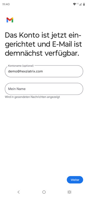 Geben Sie Ihrem Konto einen Namen und geben Sie Ihren Namen ein. Wählen Sie Weiter