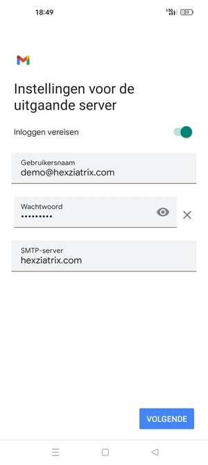 Voer Uitgaand serveradres in en selecteer VOLGENDE