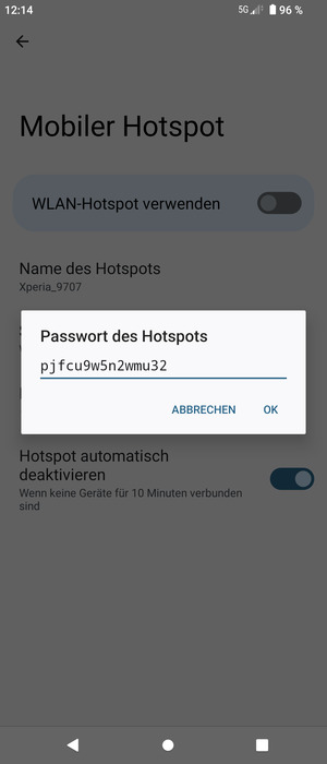 Geben Sie eine WLAN-Hotspot-Passwort mit mindestens 8 Zeichen ein und wählen Sie OK