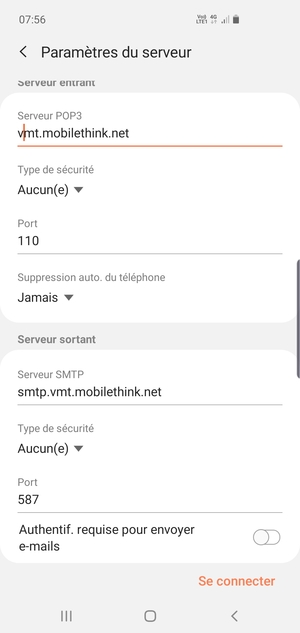 Désactiver le Authentif. requise pour envoyer e-mails et sélectionnez Se connecter