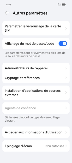 Sélectionnez Paramètrer le  verrouillage de la carte SIM