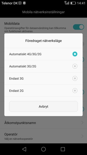 Välj Endast 2G / Endast GSM för att aktivera 2G