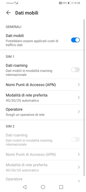 Scorri fino a SIM 1 o SIM 2 e seleziona Nomi punti di Accesso (APN)