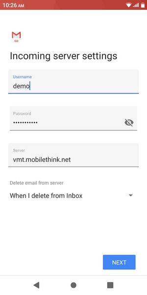 Enter Username and Incoming server address. Select NEXT