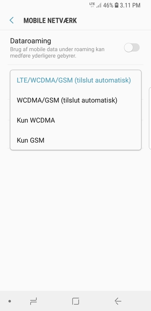 Vælg Kun GSM for at aktivere 2G
