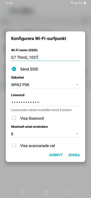 Ange ett lösenord för Wi-Fi-hotspoten, bestående av minst  8  tecken och välj  SPARA