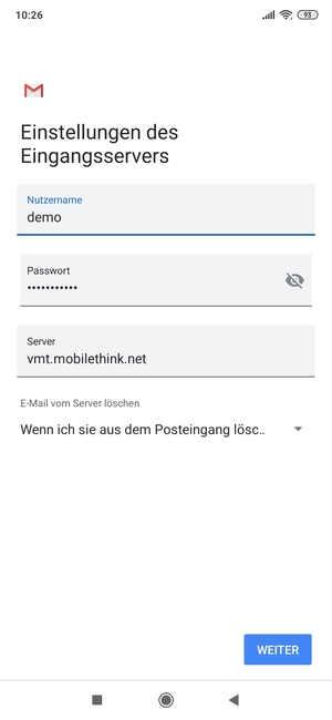 Geben Sie Benutzername und die Server-Adresse für eingehende Post ein. Wählen Sie WEITER