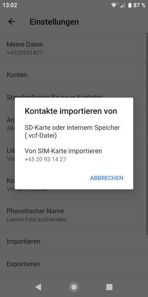 Wählen Sie Von SIM-Karte importieren