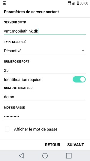 Saisissez l'adresse du serveur sortant