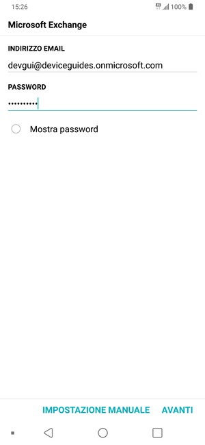 Inserisci il tuo indirizzo email e password. Seleziona IMPOSTAZIONE MANUALE