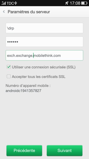 Saisissez votre Nom d'utilisateur et l'adresse du serveur Exchange. Sélectionnez Suivant
