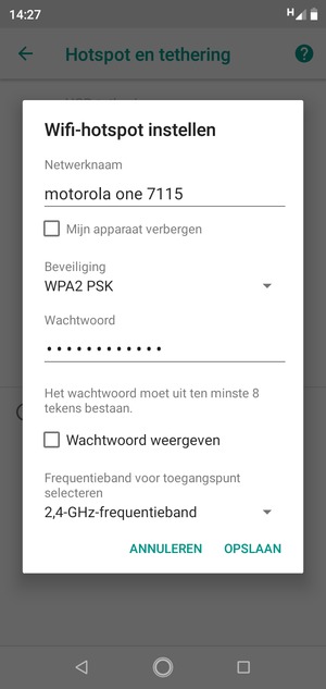 Voer een wachtwoord van een WiFi-hotspot in van ten minste 8 tekens en selecteer OPSLAAN