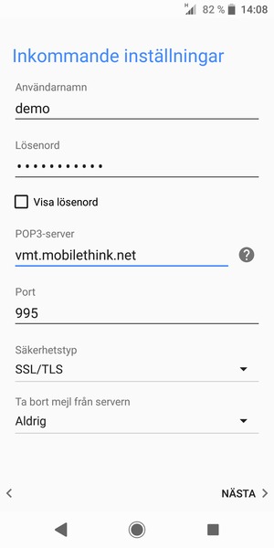 Ange Användernamn och inkommande serveradress