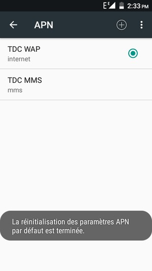 Votre téléphone va être réinitialisé avec les paramètres Internet et MMS par défaut