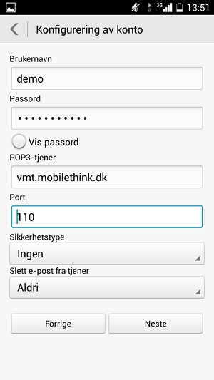 Skriv inn Brukernavn og Inngående serveradresse. Velg Neste