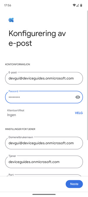 Skriv inn Brukernavn og Exchange serveradresse. Velg Neste