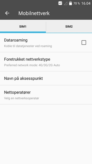Velg SIM1 eller SIM2 og velg Foretrukket nettverkstype