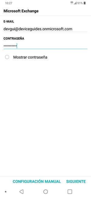 Introduzca su Dirección de correo electrónico y Contraseña. Seleccione CONFIGURACIÓN MANUAL