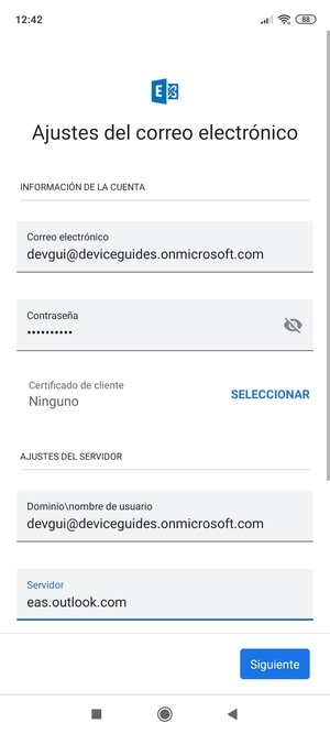Introduzca Nombre de usuario y la dirección de servidor Exchange. Seleccione Siguiente