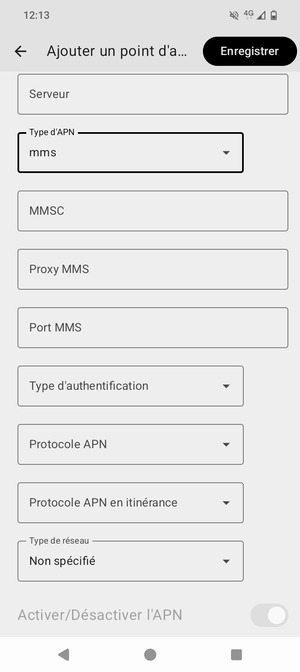 Faites défiler vers le bas et saisissez les informations MMS