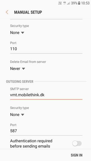 Turn off Authentication required before sending emails  and select SIGN IN