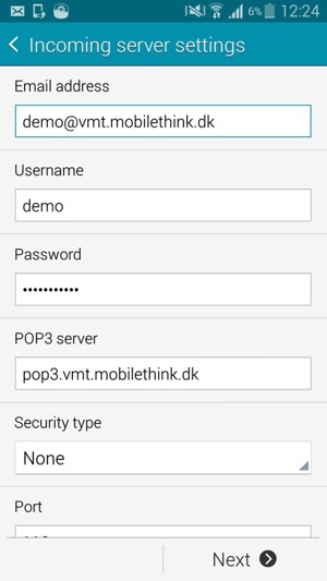 Enter Username and Incoming server address. Select Next