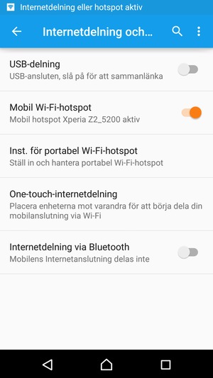 Din telefon har nu ställts in för att kunna användas som ett modem