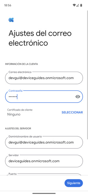 Introduzca Nombre de usuario y la dirección de servidor Exchange. Seleccione Siguiente