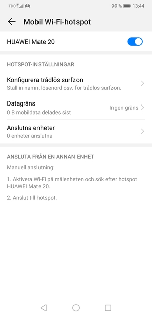 Din telefon har nu ställts in för att kunna användas som ett modem