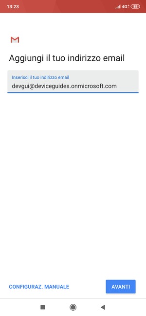 Inserisci il tuo indirizzo email e seleziona CONFIGURAZ. MANUALE