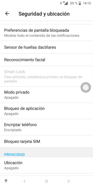 Para cambiar el PIN de la tarjeta SIM, vuelva al menú Seguridad y ubicación, desplácese y seleccione Bloqueo tarjeta SIM
