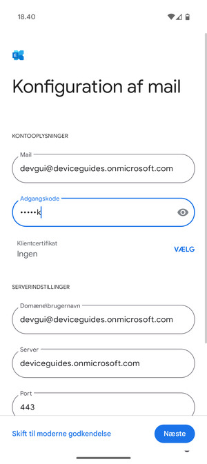 Indtast Brugernavn og Exchange serveradresse. Vælg Næste