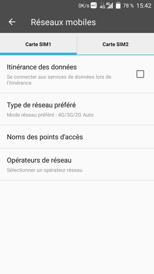 Sélectionnez Carte SIM1 ou Carte SIM2 et sélectionnez Noms des points d'accès