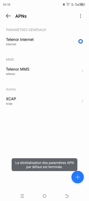 Votre téléphone va être réinitialisé avec les paramètres Internet et MMS par défaut